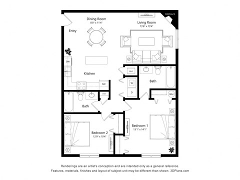 Floor plan for 2 beds, 2 baths, 1008 sqft
